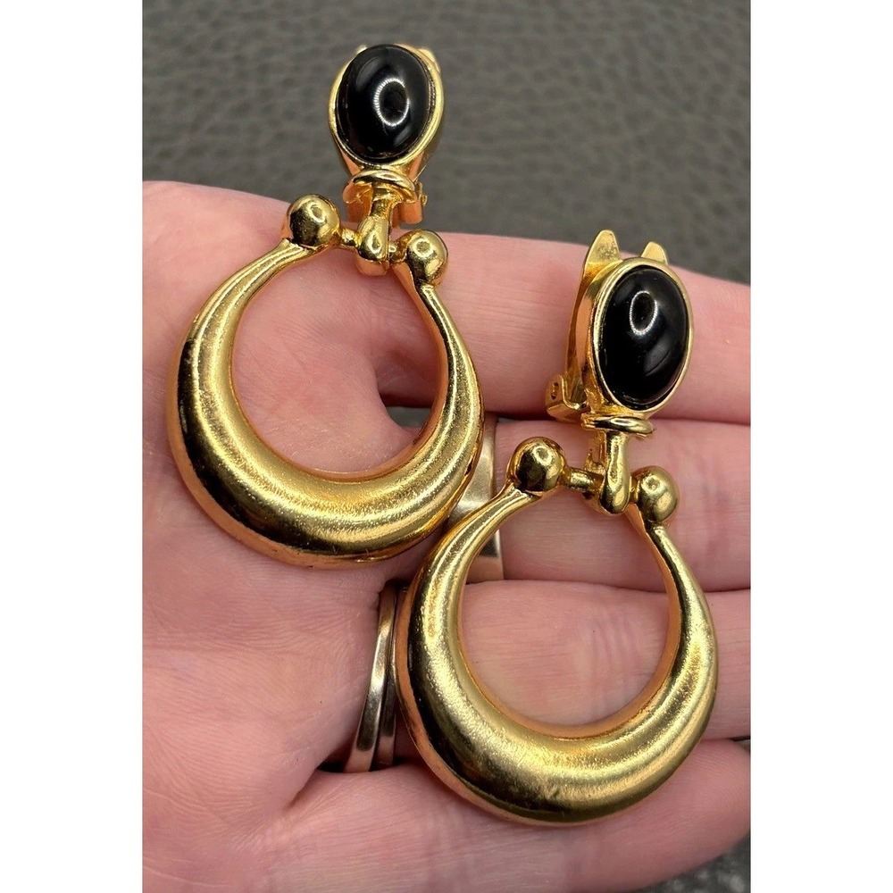 VTG Paolo Gucci 80s Black Cabochon Door Knocker Hoop Clip On Earrings Runway